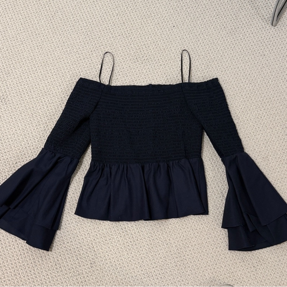 Amanda Uprichard Navy Blue Ruffle Beachwood Off-Shoulder Women's Top